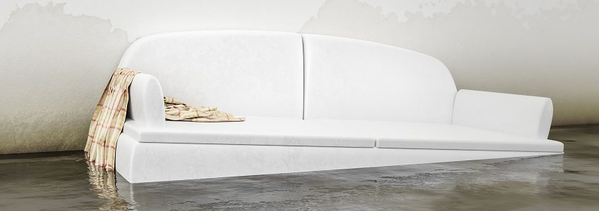 An interior water damage white sofa 3d illustration